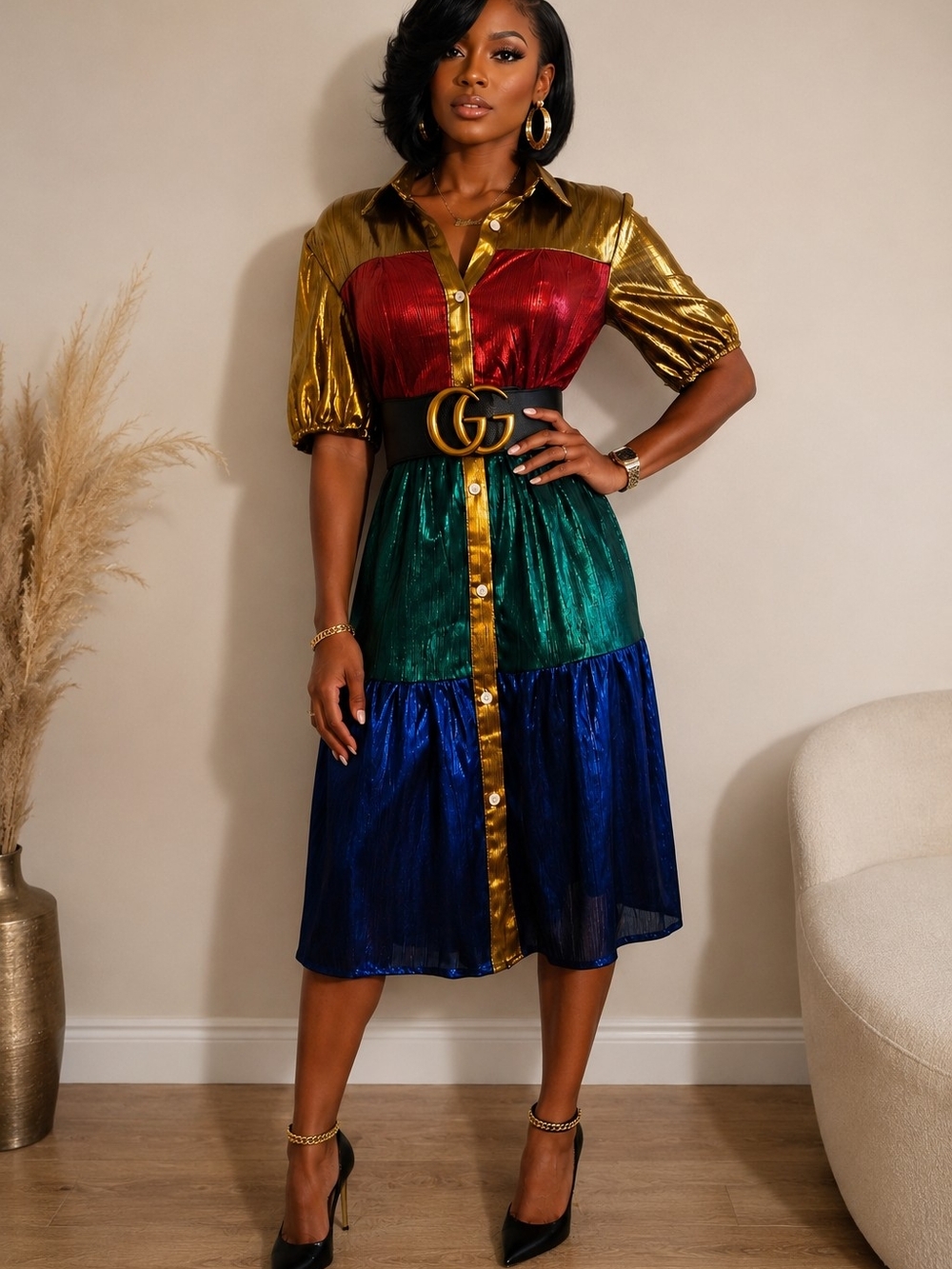 Metallic Colorblock Button-Front Midi Dress - Gold, Red, Green, Blue